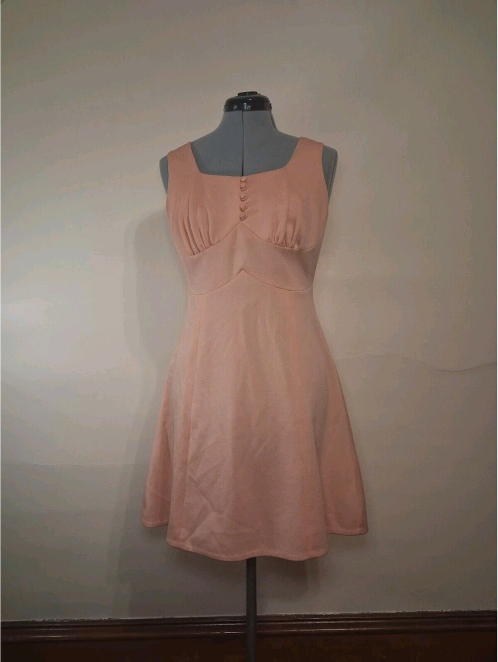 Candi Jones Vintage Mini Dress, 70s Polyester Stretchy Size M Peach Dress